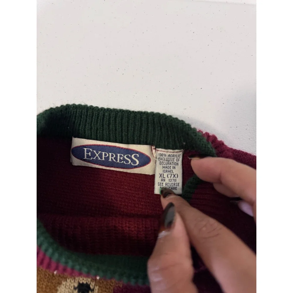 Vintage USA Soccer Bear Knit Sweater Burgundy Maroon Crewneck Kids u3